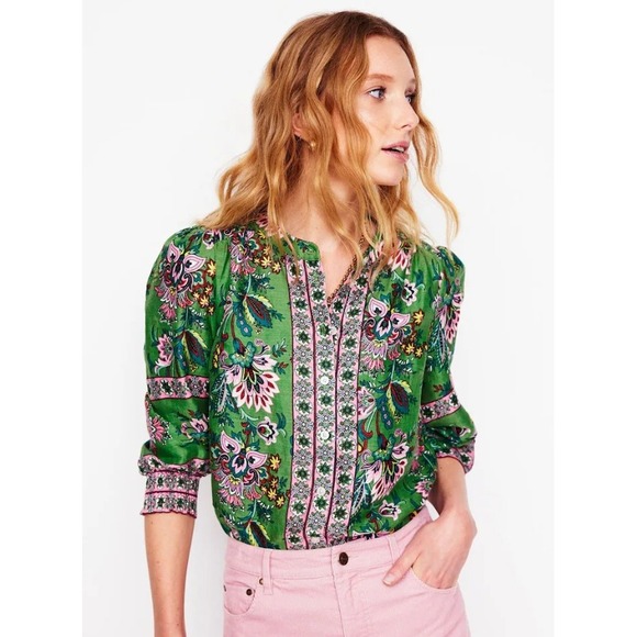 Boden Tops - Boden Alicia Peasant Blouse Green Floral Paisley Linen Blend Puff Sleeve Size 2